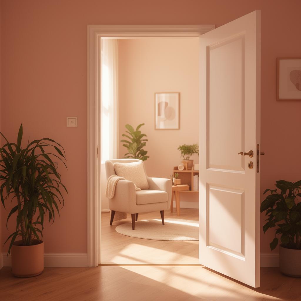 Porte ouverte sur une pièce chaleureuse avec un fauteuil et des plantes