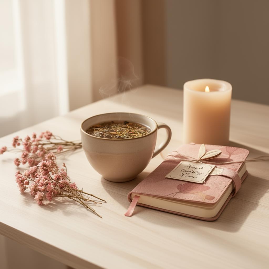 Tasse de thé fumante, carnet rose et bougie sur une table claire