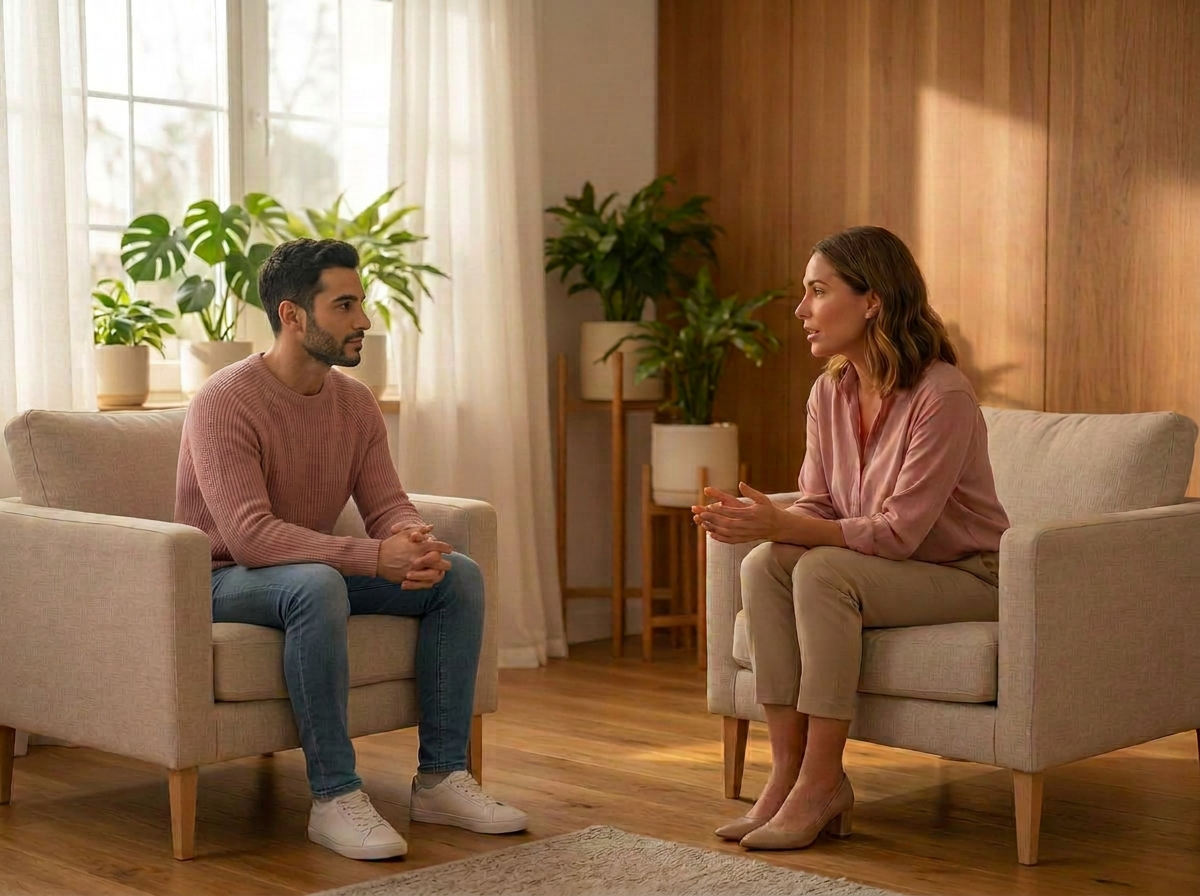 Homme d'environ trente ans, d'apparence maghrébine, en séance de coaching avec la coach